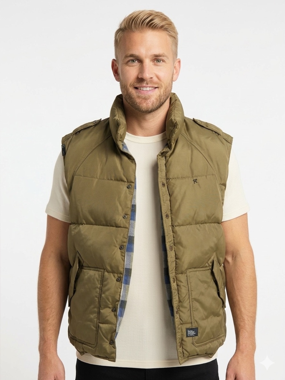 Rocawear Mens Olive Green Puffer Vest Plaid Lined Quilted Snap Front Large
